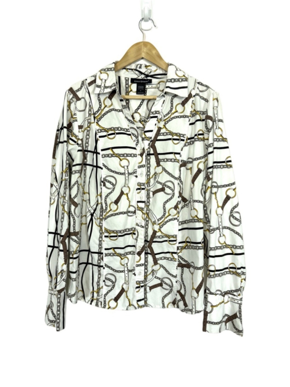 Ashley Stewart Equestrian Chains Print Long Sleeve Button-Up Shirt Sz 14 Preppy